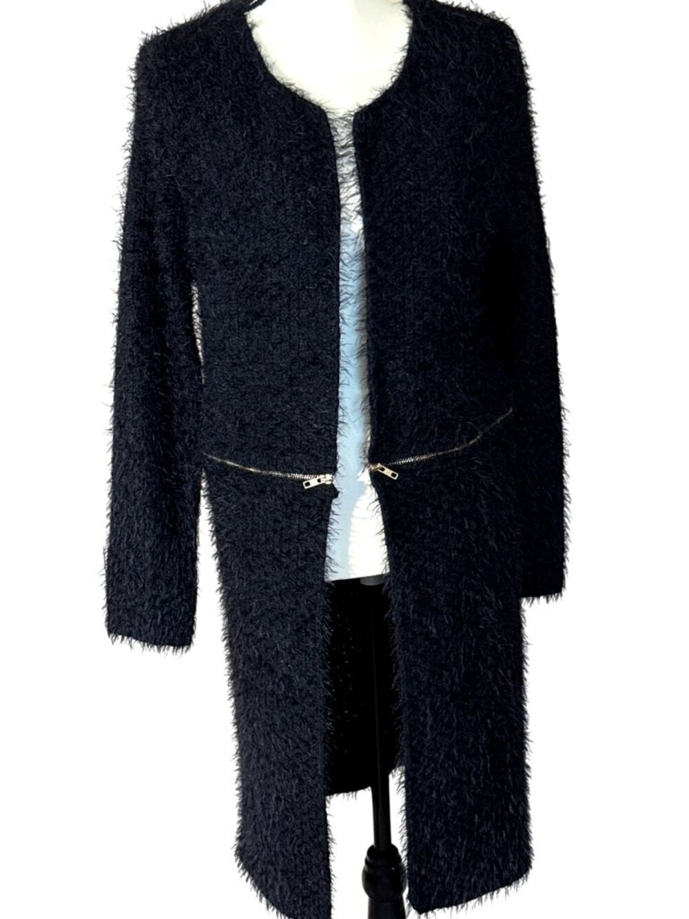 Black Shaggy Cardigan Small Zip Away Soft Knit Classic City Chic Cozy